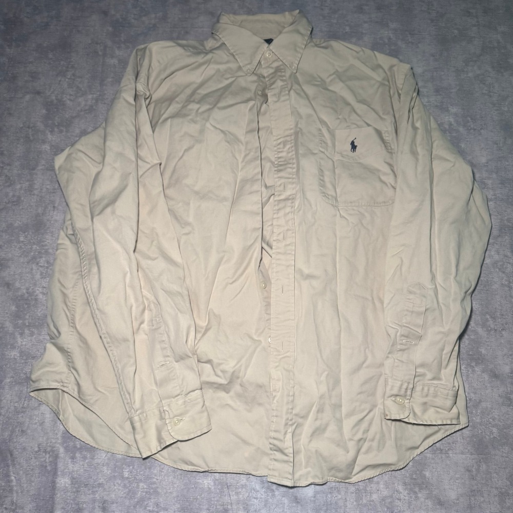 Ralph Lauren Big Shirt Mens XL Khaki Tan Cotton Long Sleeve Button Down Pony